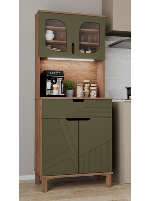 Aeka AE-9001 Barista Atlantik Çam/Yeşil Çok Amaçlı Kahve Köşesi Mutfak Kiler Dolabı Cam Kapaklı Ledli Çekmeceli 79,6 x 40 x 195,8 cm