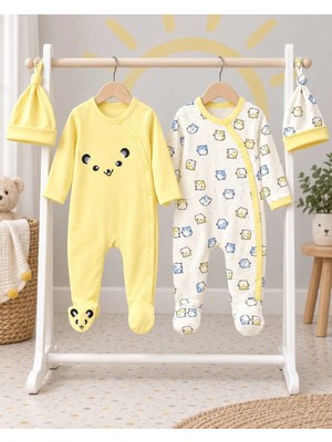 Bebek Star Şapkalı Patikli Sarı ve Krem İkili Bebek Tulumu %100 Cotton