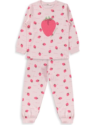 Civil Girls Civil Kız Çocuk Çilek Desenli Pijama Takımı | Süprem-Süprem Uzun Kol | Okul Kreş ve Günlük Kullanım - Pudra