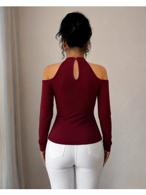 Lune Store Kadın Omuzlardan Açık Yarı Balıkçı Yaka Uzun Kollu V Yakalı Onu Pileli Viskon Bluz