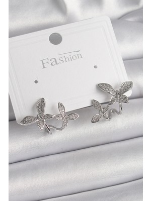 Pileli Store Pirinç Gümüş Renk Zirkon Taşlı Kelebek Model Kadın Küpe TJ-BKP9839