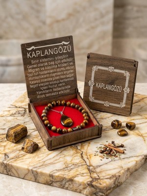 Kaplangözü Doğal Taş Kolye Bileklik Takı Seti - Ahşap Kutulu