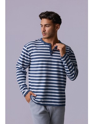 Defy's Erkek Oversize Çizgili Uzun Kollu Çıtçıtlı Yaka Tişört