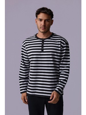 Defy's Erkek Oversize Çizgili Uzun Kollu Çıtçıtlı Yaka Tişört