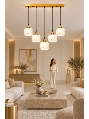 Esslight Arin 5’li Eskitme Sarkıt Mermer Desen Camlı Avize Salon Mutfak Yatak Odası