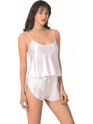 Marsilyan™- Şık Tasarım Yumuşak Dokulu Beyaz Saten Babydoll Şort Takımı