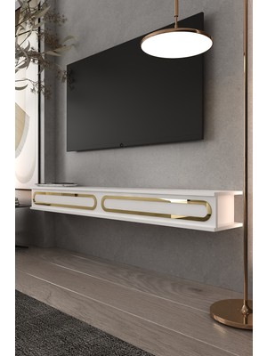 Dekortis Home Dekor 180DHDXXTDA2BA Riva Pleksi Desenli Duvara Monte Tv Sehpası Beyaz-Altın