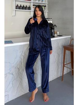 Coccolarsi Tocco Scintillante Lacivert Kadife Uzun Pijama Takımı