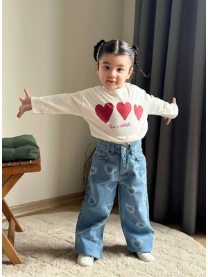 Cg Kids Kot Denim Lazer Kesim Kalpler ve Simli Baskı Kalpli Jean Kız Çocuk Takım