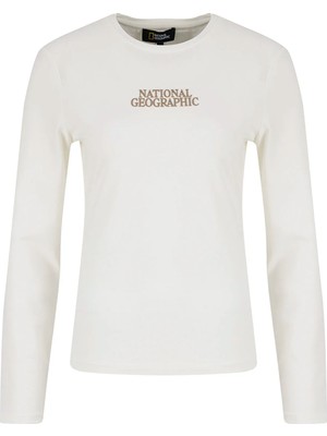 National Geographic Ekru Kadın Bisiklet Yaka Relaxed Baskılı T-Shirt N6WL-TST4590