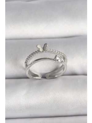 Pileli Store Pirinç Gümüş Renk Zirkon Taşlı Kelebek Figürlü Ayarlanabilir Yüzük TJ-BYK3528