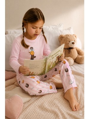 Koza İç Giyim Kız Çocuk Pamuklu Pembe Uzun Kollu Gezegen Yıldız Baskılı Desenli Pijama Takımı
