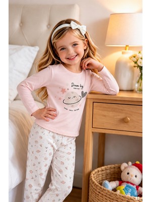 Koza İç Giyim Kız Çocuk Pamuklu Pembe Uzun Kollu Gezegen Yıldız Baskılı Desenli Pijama Takımı