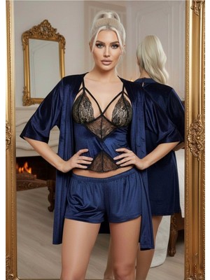 Beruflic Lacivert Kadife Dantelli Sabahlık & Gecelik Takım 3' Lü - 1432 Under Moda
