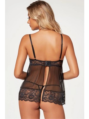 Zamerya Kadın Bordo Siyah Dantelli Transparan Babydoll Fantazi Iç Giyim Takımı 8624