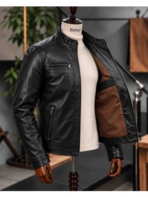 Moda Erkek Siyah Fermuarlı Kahve Iç Astarlı Hakiki Kuzu Derisinden Deri Ceket Mont