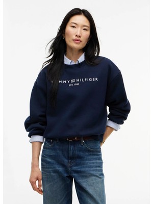 Tommy Hilfiger Lacivert Kadın Yuvarlak Yaka Baskılı Sweatshirt WW0WW47831C1G