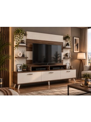 Decorotika Diana Modern Tasarımlı Beyaz Ceviz TV Ünitesi Suntalam Malzeme 180x143x30 cm
