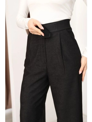 Moda Banuş Kadın Cırt Kapama Fitilli Kadife Palazzo Pantolon Siyah