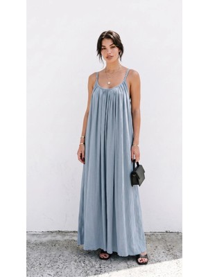 Moda Banuş Mavi Ip Askılı Keten Uzun Elbise