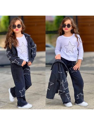 Ay Kids Kız Çocuk Yıldız Detaylı 3 Parça Denim Takım – Ceket, Pantolon ve Bluz 2613-Y