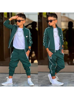 Ay Kids Erkek Çocuk 5-14 Yaş Yeşil Pike Kumaş 3'lü Eşofman Takımı Alt Üst Takım 60334-Y