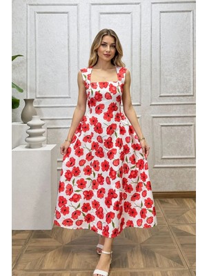 Moda Banuş Beyaz Gelincik Çiçeği Desenli Ekru Elbise Dar Kalıp