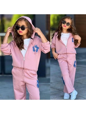Ay Kids Kız Çocuk 3 Parça Kapüşonlu Sweatshirt & Çiçek Desenli Eşofman Takımı  6431PY