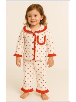 Rapapa Aykidsclup Kız Çocuk Kalpli Kırmızı Fırfırlı Pijama Takımı 09530-