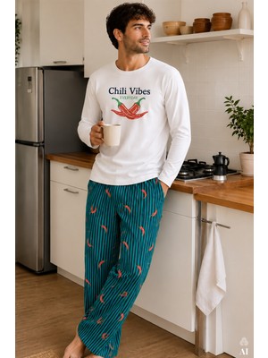 Koza İç Giyim Erkek Pamuklu Ekru Uzun Kollu Biber Baskılı Yeşil Çizgili Desenli Pijama Takımı
