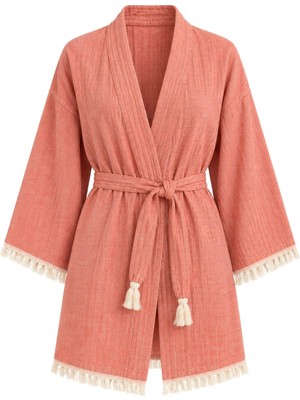 Mandaş Kimono Müslin 2 Katlı Peştemal Bornoz (Beden S-M) - Somon