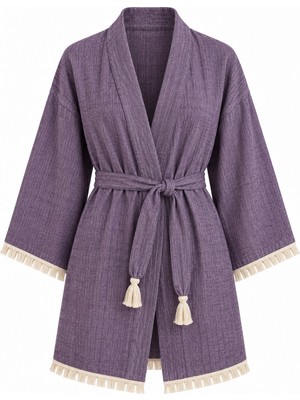 Mandaş Kimono Müslin 2 Katlı Peştemal Bornoz (Beden S-M) - Mor