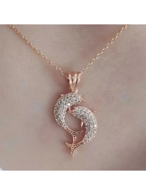 Pileli Store Gümüş Rose Çift Yunus Balığı Kadın Kolye