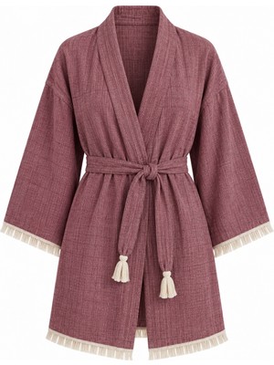 Mandaş Kimono Müslin 2 Katlı Peştemal Bornoz (Beden S-M) - Bordo