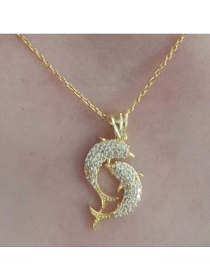 Pileli Store Gümüş Gold Çift Yunus Balığı Kadın Kolye