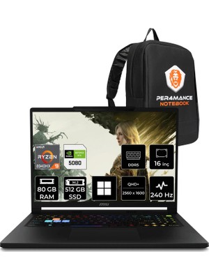 MSI Msı Raıder A16 Hx Amd Ryzen 9 8940HX Rtx 5080 16GB 175W 80GB Ram 512GB SSD 16" Wqxga (2560X1600) 240Hz WIN11 Pro B8WI-008TRPN464 Taşınabilir Bilgisayar + Per4 Çanta