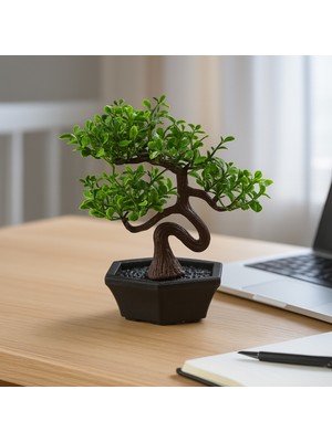 Eva Dekor Mini Yapay Bonsai - Yeşil / Gri - 10X13 cm