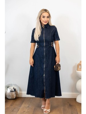 Muna Boutique Gold Detaylı Denim Elbise