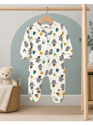 Bebek Star Penguen Desenli Krem %100 Cotton Bebek Tulumu