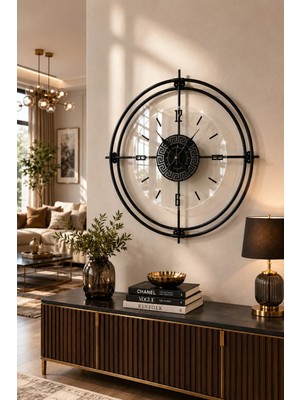 MetaQuartz Aksesuar(Büyük Boy - 55*55 cm)Siyah Deluxe Şeffaf Cam Iskandinav (Çiftçember Camlı)Modern Dekoratif Camlı Duvar Saati