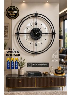 MetaQuartz Aksesuar(Büyük Boy-55*55 cm) Siyah Çiftçember Camlı Seri -(Qaurtz Mekanizmalı) Modern Dekoratif Camlı Metal Duvar Saati