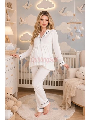 Quilling Ekru Renkli, Kol ve Paçaları Manşetli, 33202 Uzun Kol, 2 Parça Lohusa Hamile Pijama Takımı