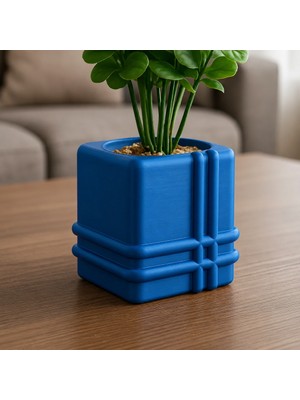 Ozka Concept 3D Baskı Square Planter - Izgara Desenli Küp Saksı-Mavi