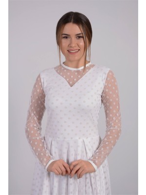 Giyimmasalı Flok Baskı Puantiye Detaylı Midi Elbise - BEYAZ-GYM-0648-FP