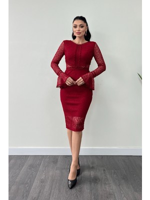 Giyimmasalı Full Dantel Kumaş Kolu Volanlı Kalem Elbise - KIRMIZI-GYM-1392