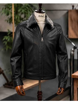 Moda Erkek Siyah Yakası Çıkabilir Kürklü Fermuarlı Cepli Düz %100 Hakiki Kuzu Derisinden Deri Ceket Mont