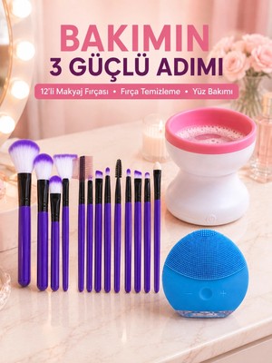 Ceylan Adam Mey Ithalat® 3’lü Güzellik ve Kişisel Bakım Seti 12’li Makyaj Fırçası Fırça Temizleme Cihazı ve Yüz Temizleme Cihazı