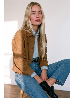 Sue Store Camel Gömlek Yaka Düğmeli Astarlı Süet Ceket
