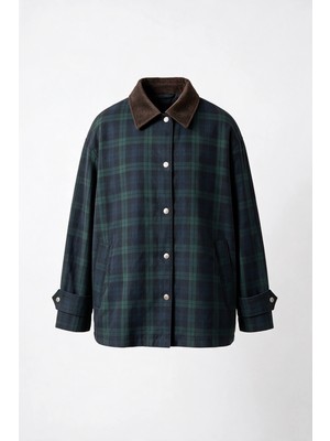Sue Store Lacivert Yeşil Kahve Kadife Yakalı Ekoseli Oversize Ceket