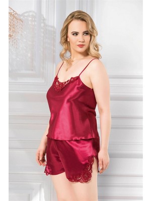 Marsilyan- Şık Tasarım Yumuşak Dokulu Büyük Beden Dantel Işlemeli Bordo Saten Babydoll Şort Takımı